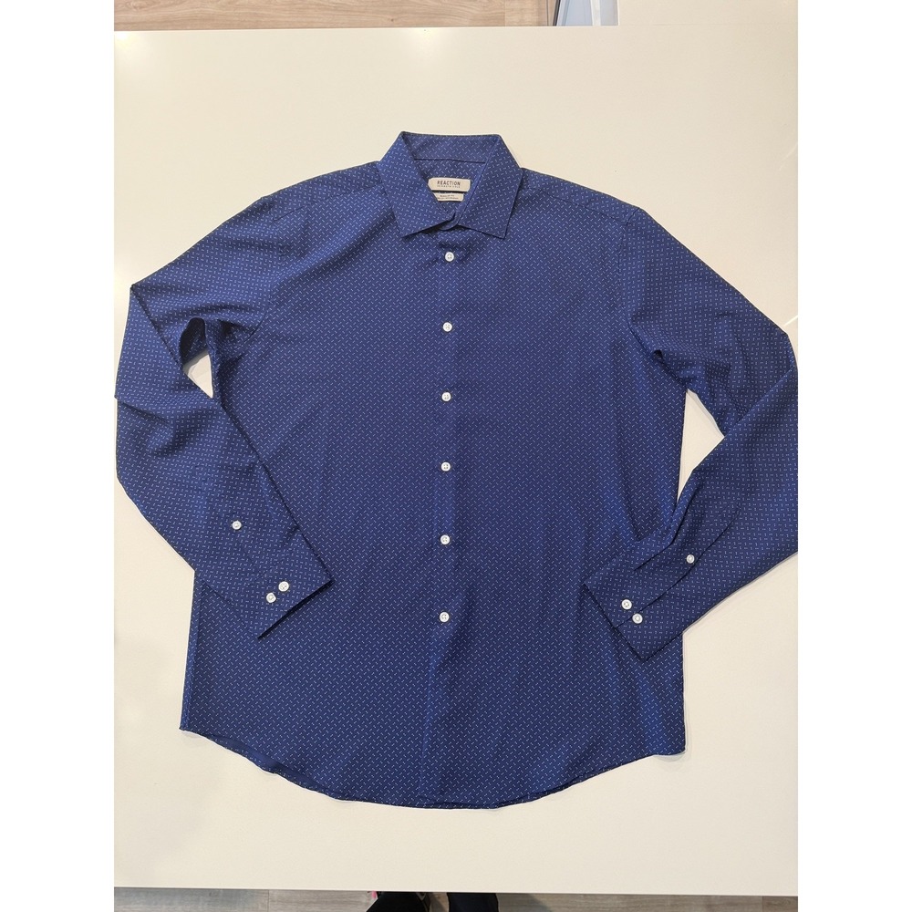 Kenneth Cole Reaction Mens Large Navy Quick Dry Button Up Shirt Regular Fit